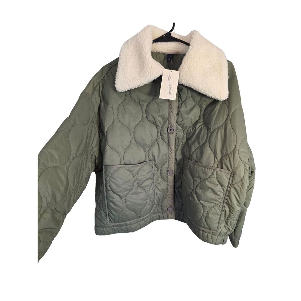Universal Thread Olive Green Quilted Jacket Cream Sherpa Collar NWT